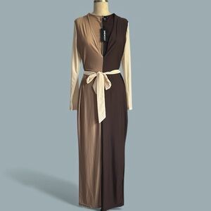 SHEIN Cream and Brown Long Sleeve Dress